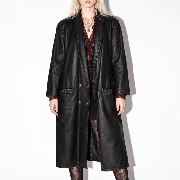 International Leather Collection Jackets & Blazers - Vintage Double Breasted Long Leather Coat Womens M 80s Oversized Fit Clubwear